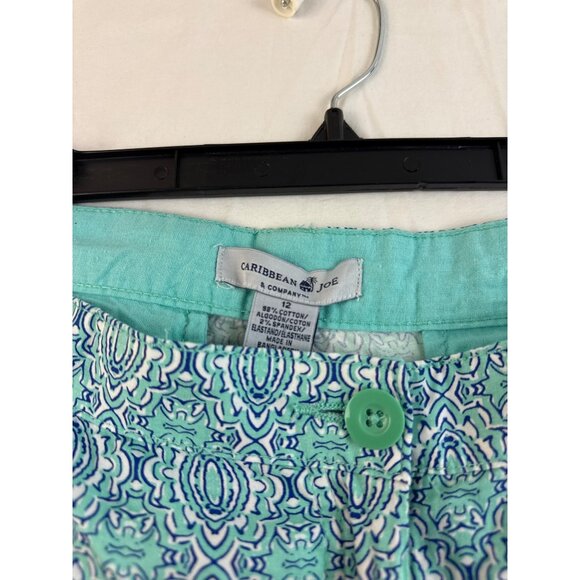 Caribbean Joe Blue Green Damask Bermuda Shorts Women’s Size 12 Vacation Resort - Picture 2 of 5